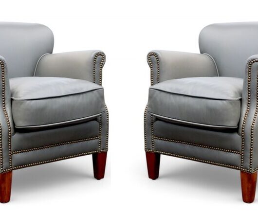 Pair Of Grey Leather Club Chairs With Nailhead Trim