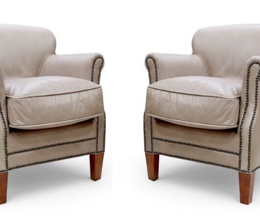 Pair Of Mushroom Leather Club Chairs With Nailhead Trim