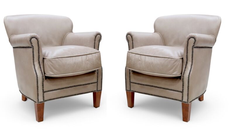 Pair Of Mushroom Leather Club Chairs With Nailhead Trim