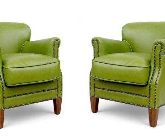Pair Of Olive Green Leather Club Chairs With Nailhead Trim