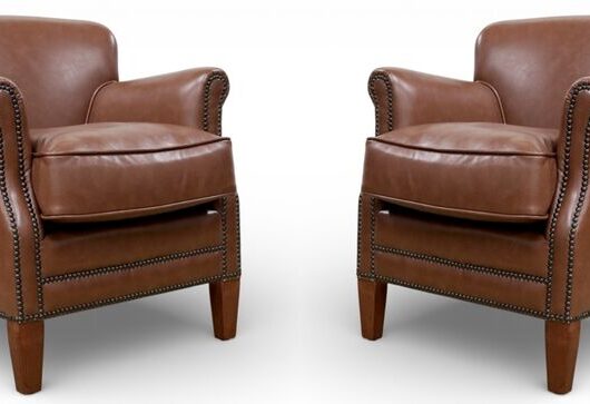 Pair Of Saddle Brown Leather Club Chairs With Nailhead Trim