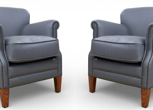 Pair Of Steel Grey Leather Club Chairs With Nailhead Trim