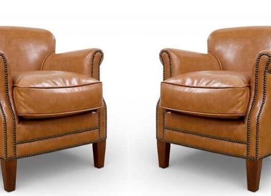 Pair Of Toffee Leather Club Chairs With Nailhead Trim