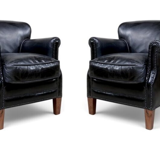 Pair Of Vintage Black Leather Club Chairs With Nailhead Trim