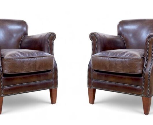 Pair Of Vintage Brown Leather Club Chairs With Nailhead Trim