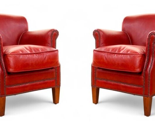 Pair Of Vintage Red Leather Club Chairs With Nailhead Trim