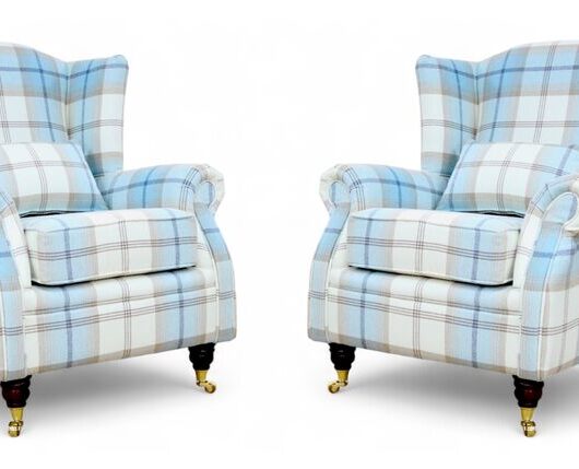 Pair Of Wing Chairs Fireside High Back Armchair Balmoral Sky Check Fabric P&S