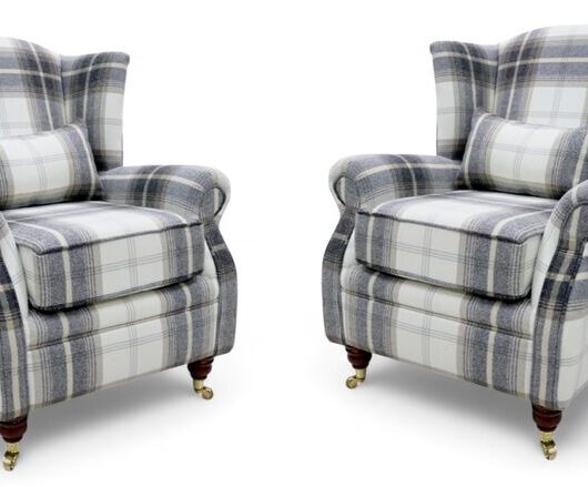 Pair Of Wing Chairs Fireside High Back Armchairs Balmoral Charcoal Check Fabric P&S