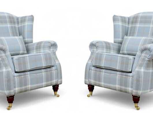Pair Of Wing Chairs Fireside High Back Armchairs Balmoral Cloud Check Fabric P&S