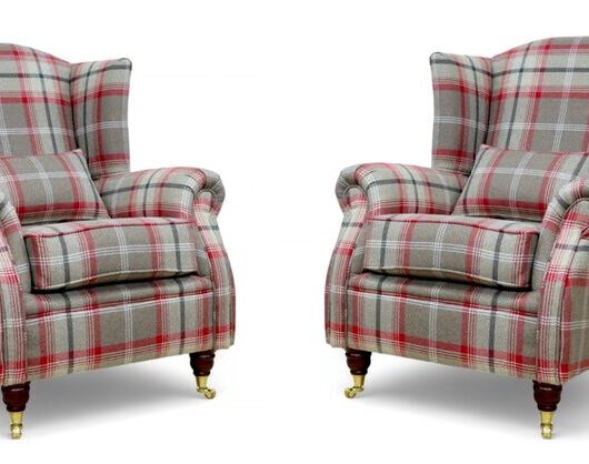Pair Of Wing Chairs Fireside High Back Armchairs Balmoral Rosso Check Fabric P&S
