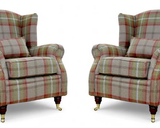 Pair Of Wing Chairs Fireside High Back Armchairs Balmoral Rust Check Fabric P&S