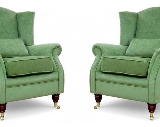 Pair Of Wing Chairs Fireside High Back Armchairs Pimlico Sage Green Fabric