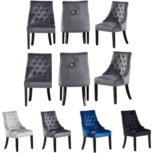 Pn Home - Set of 6 Windsor Velvet Dining Chairs - Ergonomic Scoop Knockerback and Solid Wood Legs - Tufted Side chair for Dining Room Kitchen Living