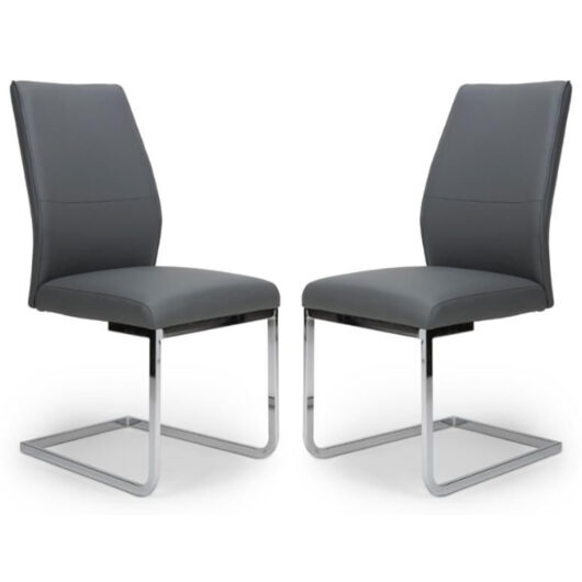 Prestina Grey Faux Leather Dining Chairs With Chrome Legs In Pair
