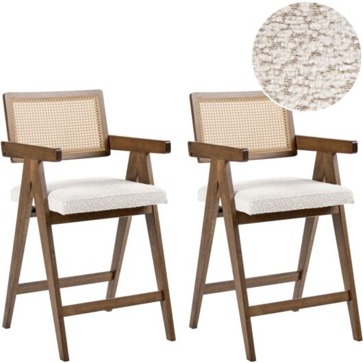 Set of 2 Bar Chairs Brown and Light Beige Rubberwood Frame Boucle Seat Retro Dining Room Kitchen AVA