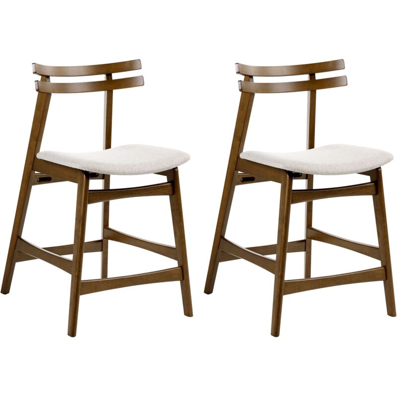 Set of 2 Bar Chairs Brown and Light Beige Rubberwood Frame Fabric Seat Armless Retro Design CYNTHIANA