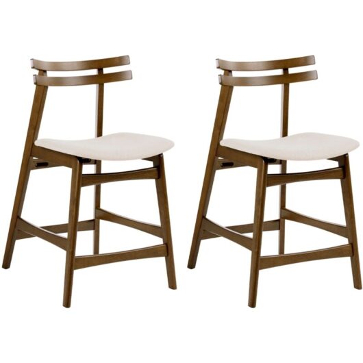 Set of 2 Bar Chairs Brown and Off-White Rubberwood Frame Fabric Seat Armless Retro Design CYNTHIANA