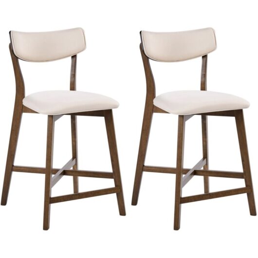Set of 2 Bar Chairs Brown and Off-White Rubberwood Frame Fabric Seat Armless Retro Design YUMA