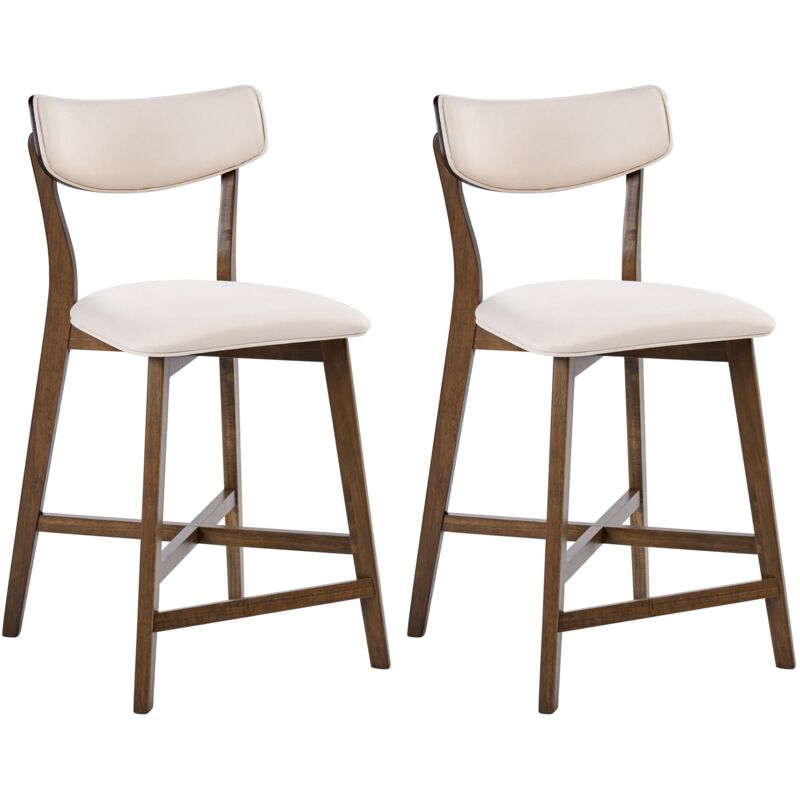 Set of 2 Bar Chairs Brown and Off-White Rubberwood Frame Fabric Seat Armless Retro Design YUMA