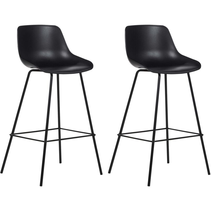 Set of 2 Bar Chairs Counter Height Bar Stools Plastic Seat Metal Legs Black Emmet