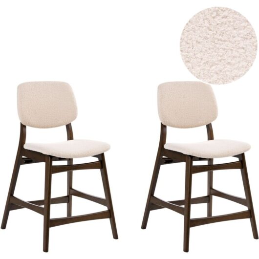 Set of 2 Bar Chairs Dark Brown Rubberwood Frame Beige Boucle Fabric Seat Armless Retro Design ELAINE