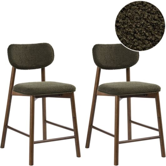 Set of 2 Bar Chairs Dark Brown and Green Boucle Rubber Wood Frame Upholstered Seat and Backrest Dining Room Kitchen MILLS