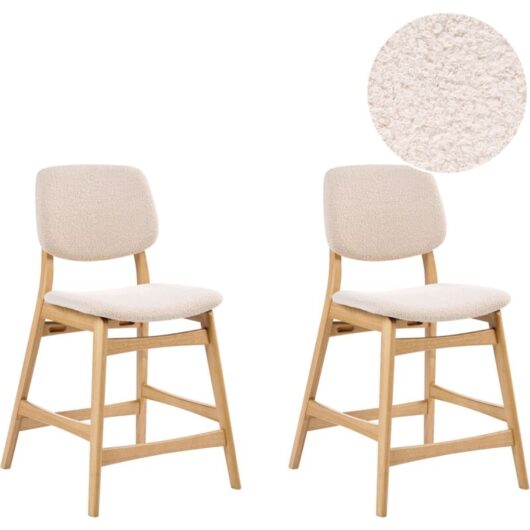 Set of 2 Bar Chairs Light Brown Rubberwood Frame Beige Boucle Fabric Seat Armless Retro Design ELAINE