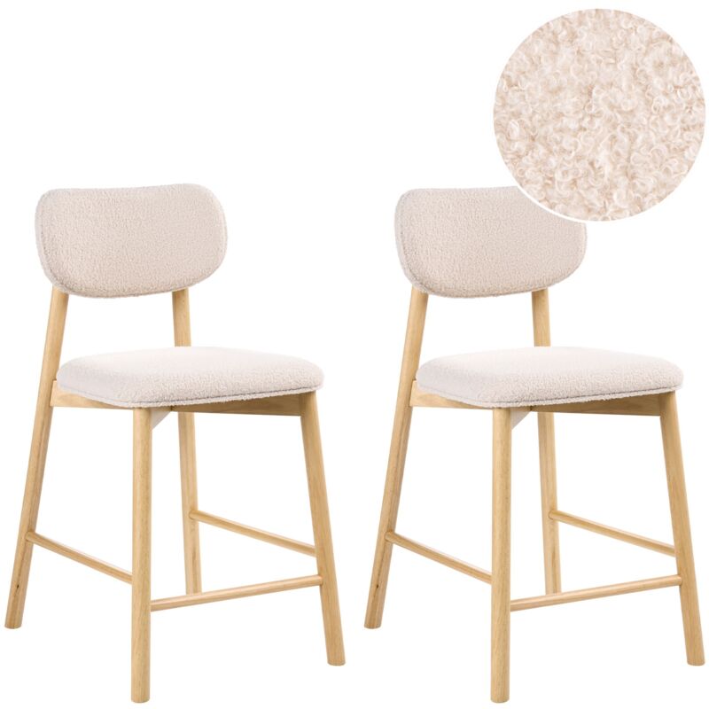 Set of 2 Bar Chairs Light Brown and Beige Boucle Rubber Wood Frame Upholstered Seat and Backrest Dining Room Kitchen MILLS