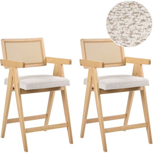 Set of 2 Bar Chairs Light Brown and Beige Rubberwood Frame Boucle Seat Retro Dining Room Kitchen AVA