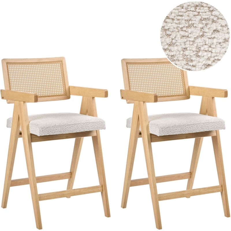 Set of 2 Bar Chairs Light Brown and Beige Rubberwood Frame Boucle Seat Retro Dining Room Kitchen AVA