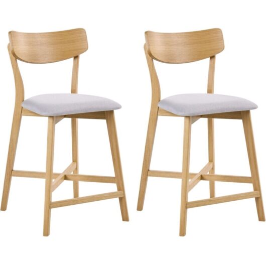 Set of 2 Bar Chairs Light Brown and Grey Rubberwood Frame Fabric Seat Armless Retro Design HOPE