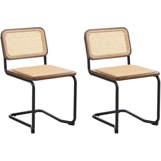 Set of 2 Dining Chairs Brown and Natural Rattan Cantilever Silver Legs Armless Retro Design CORDOVA
