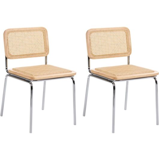 Set of 2 Dining Chairs Light Brown PE Rattan Seat and Backrest Iron Legs Armless Protective Caps Modern Boho Design CORVALLIS
