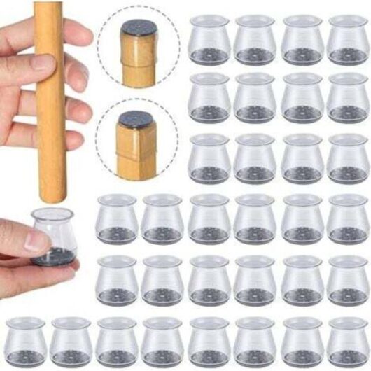 Set of 32 silicone chair leg protectors (sizes 23 to 32 mm), transparent, with felt pads, for parquet and tiled floors