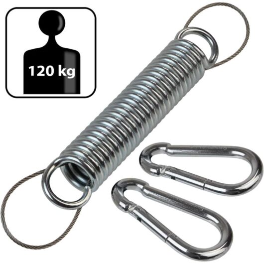 Steel spring for hanging chair, hanging chair, hammock with safety rope and two carabiners