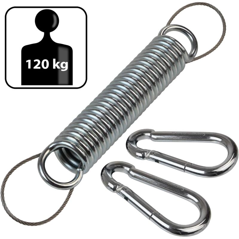 Steel spring for hanging chair, hanging chair, hammock with safety rope and two carabiners