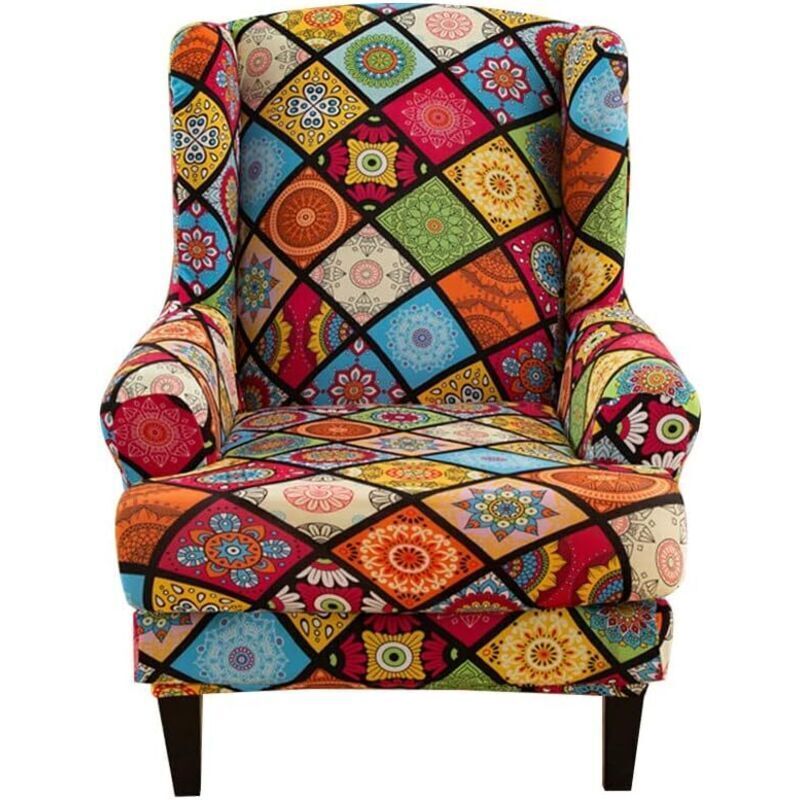 Stretch Wing Chair Cover with T-Shaped Cushion Cover, Printed Non-Slip Chair Cover, for Living Room, Hotel