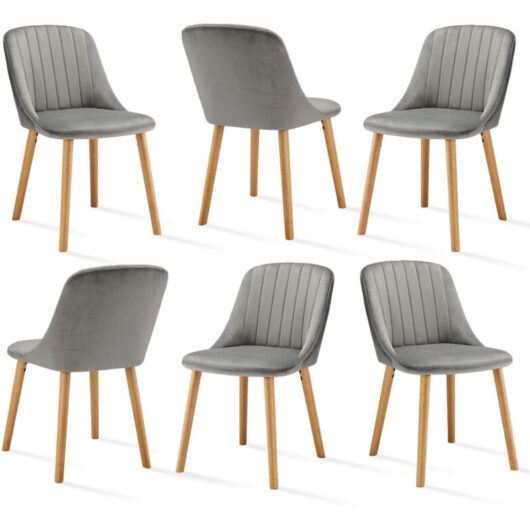 Upholstered Modern dining chairs with ergonomic backrests and wooden legs, Style and comfort combined - Set of 6 - Light Grey