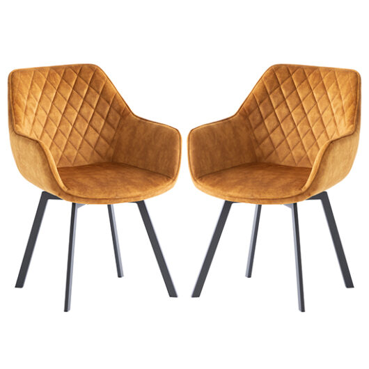 Viha Swivel Antique Gold Velvet Dining Chairs In Pair