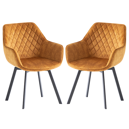 Viha Swivel Antique Gold Velvet Dining Chairs In Pair