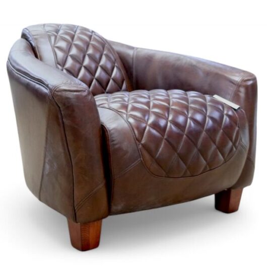 Vintage Quilted Brown Leather Tub Chair Distressed Armchair for Living Room or Office