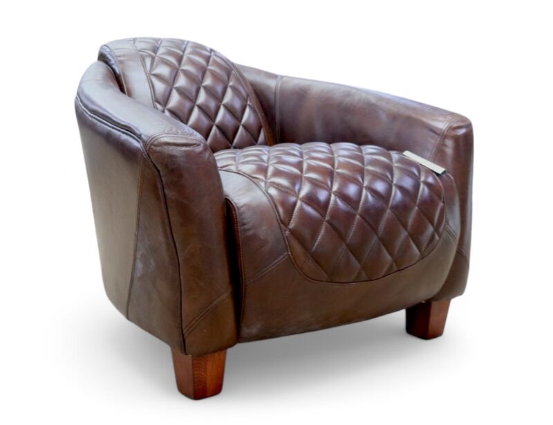 Vintage Quilted Brown Leather Tub Chair Distressed Armchair for Living Room or Office