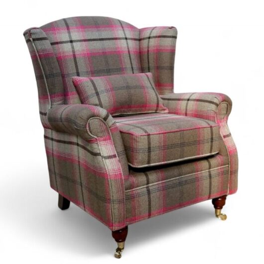 Wing Chair Fireside High Back Armchair Balmoral Fuchsia Pink Check Fabric P&S