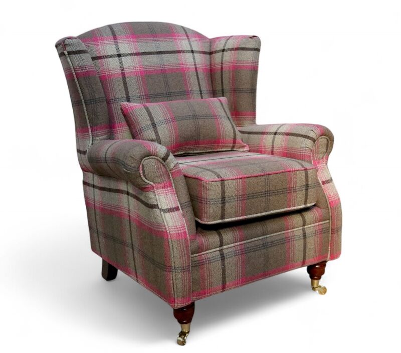 Wing Chair Fireside High Back Armchair Balmoral Fuchsia Pink Check Fabric P&S