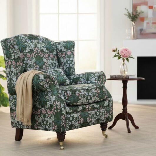 Wing Chair Fireside High Back Armchair William Morris Tapestry Fabric Hyacinth Green
